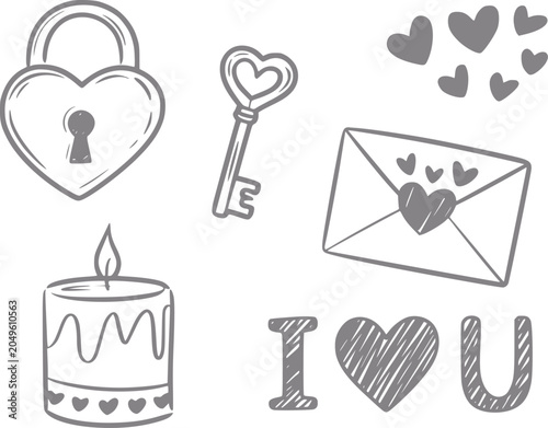 Foto Hand-drawn valentine's day lock, key, envelope, candle, and i love you