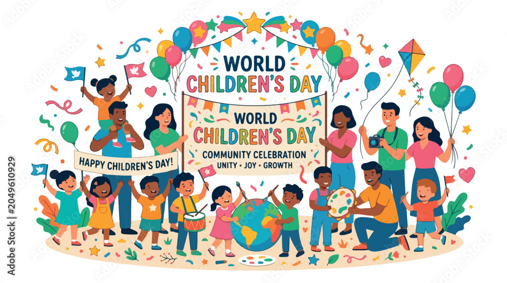 Fototapeta premium Joyful group of children celebrating World Children's Day with balloons and confetti in a community festival scene