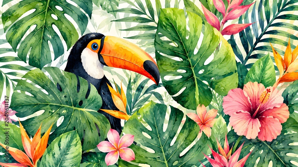 Fototapeta premium Watercolor tropical toucan bird with exotic monstera leaves and hibiscus flowers