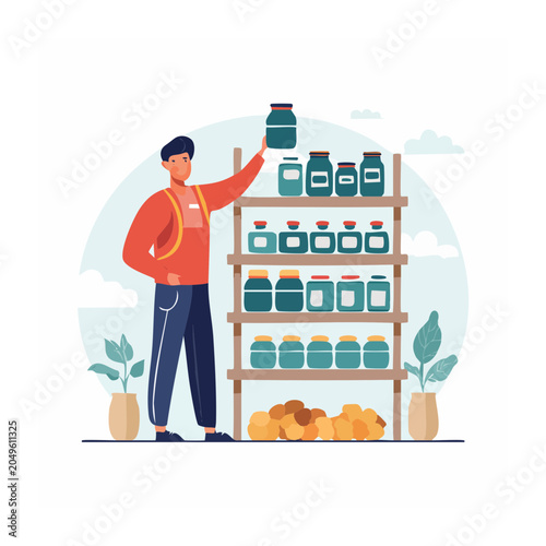 Man selecting jar from shelves in a store