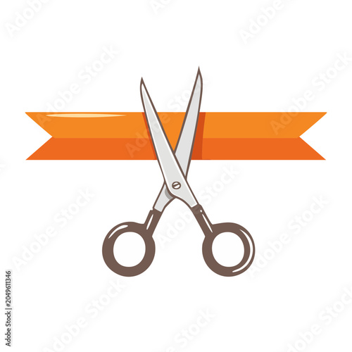 Scissors cutting an orange ribbon for a grand opening ceremony