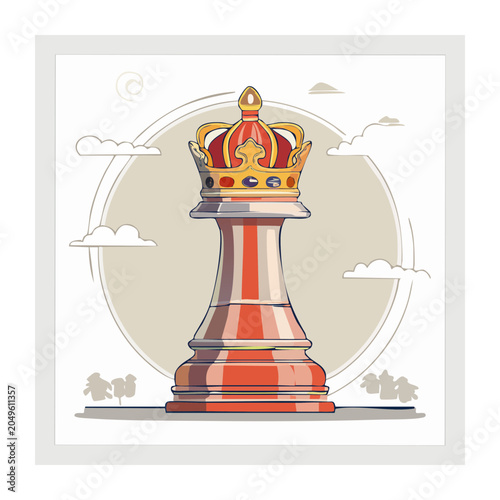 Red and gold chess piece with crown on abstract background