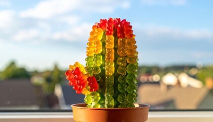 A unique cactus sculpture crafted entirely from vibrant, translucent gummy bear candies