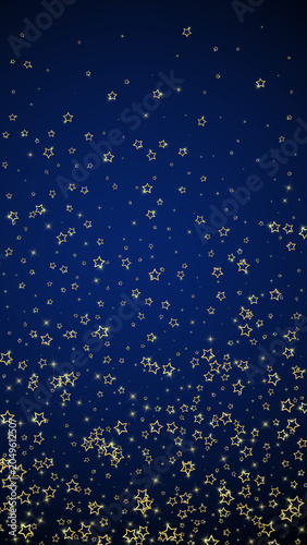 Gold sparkling star confetti. Chaotic dreamy childish overlay template. Festive stars illustration on dark blue background.