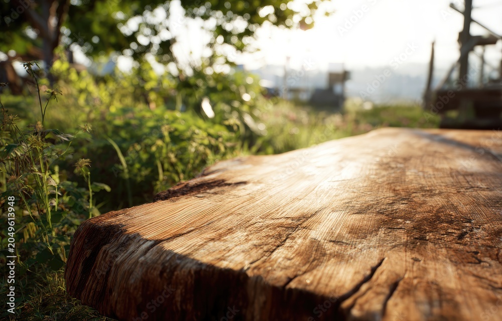 Fototapeta premium Sunlight illuminates a rustic wooden surface in a soft-focus natural setting