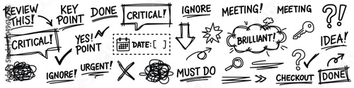 Handwritten notes and doodles on white background with critical points and meeting reminders
