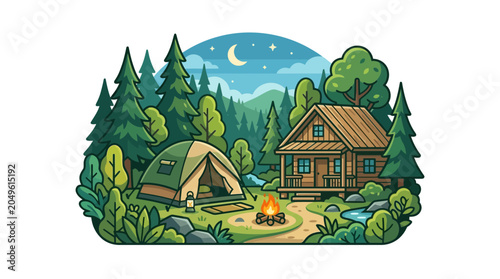 Konstfotografi Cozy Cabin and Tent in Forest Camp Scene with Campfire and Moonlit Night Sky