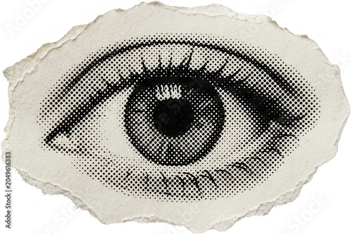 A torn piece of paper displaying a black and white halftone dot illustration of a human eye showing detail in iris and lashes dots torn paper vintage retro graphic art pupil
