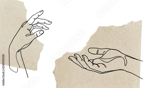 Two line art hands one reaching out and the other open against torn paper textures suggesting connection and offering outline drawing gesture open hand support help generosity