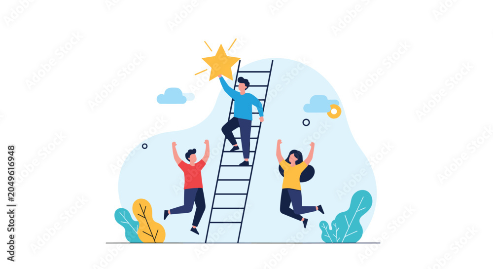 Naklejka premium Motivated business team supports colleague climbing a ladder to reach golden star representing career success and goals.