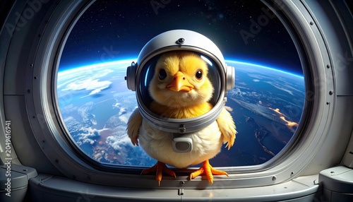 Adorable chick astronaut in a silver helmet floats weightlessly in space with Earth below