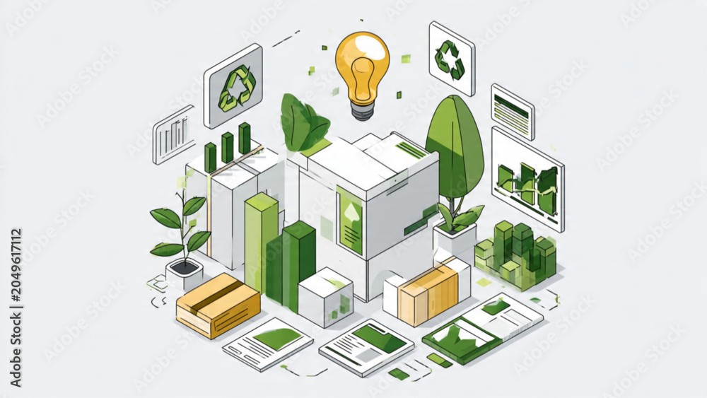 Fototapeta premium Eco-Friendly Smart Technology Concept with Green Elements and Data Visuals