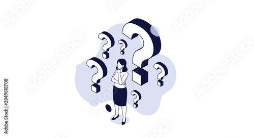 Isometric illustration of a woman standing in thought surrounded by multiple question marks representing confusion, decision making, or inquiry.