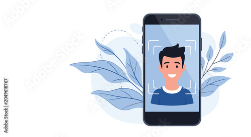 Modern facial recognition technology scanning a young mans face on a mobile smartphone screen with a background of stylized blue leaves.