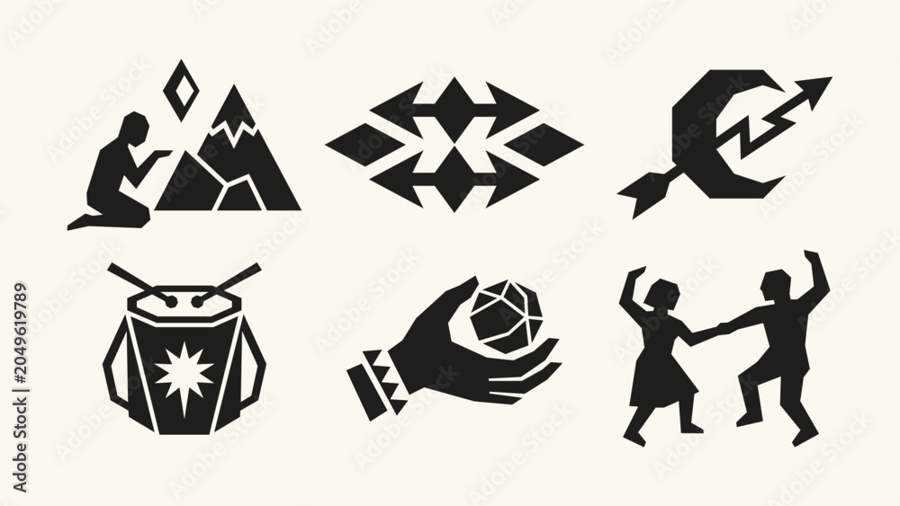 Fototapeta premium Black geometric tribal icons set with mountain, moon, drum, hand holding crystal, and dancing figures