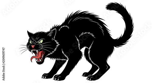 Fierce black cat silhouette featuring aggressive hissing posture with arched back and bristled fur texture, spooking Halloween vector illustration isolated on a clean white background.