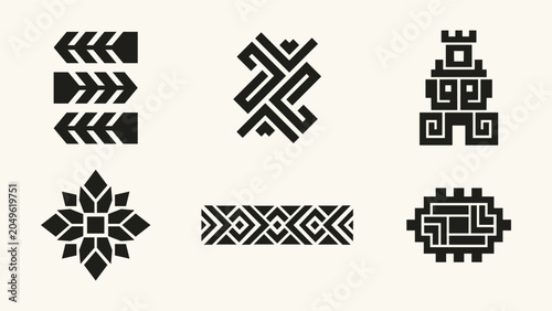 Set of black geometric ethnic tribal symbols and folk art patterns on beige background