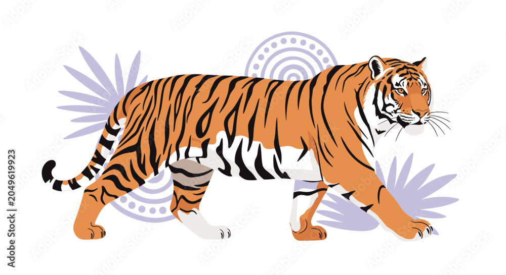 Obraz premium Majestic orange and black striped tiger walking with purpose against a decorative background with purple leaves and patterns.