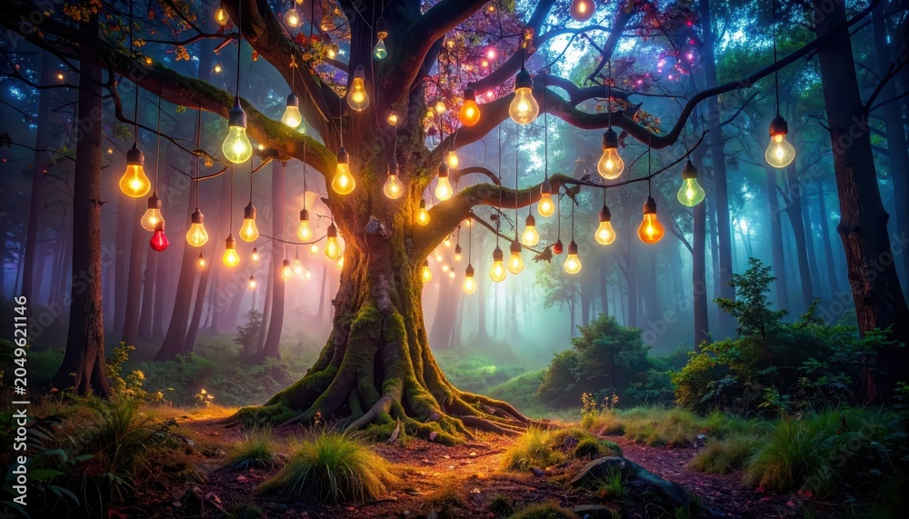 Fototapeta premium An ancient, gnarled tree in a mystical forest adorned with countless glowing light bulbs instead of fruit.
