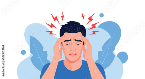 Young man suffering from a painful headache or migraine with red stress marks around his head in a flat design style.