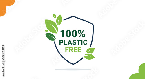 Eco friendly label with green leaves on a shield stating one hundred percent plastic free for sustainable packaging.