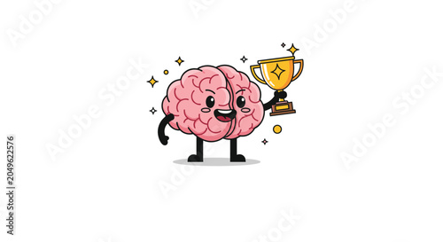 Personified brain character celebrates success by holding a gold trophy with a happy expression representing intelligence and victory.