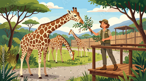 Photography Man feeding giraffe in wildlife sanctuary.