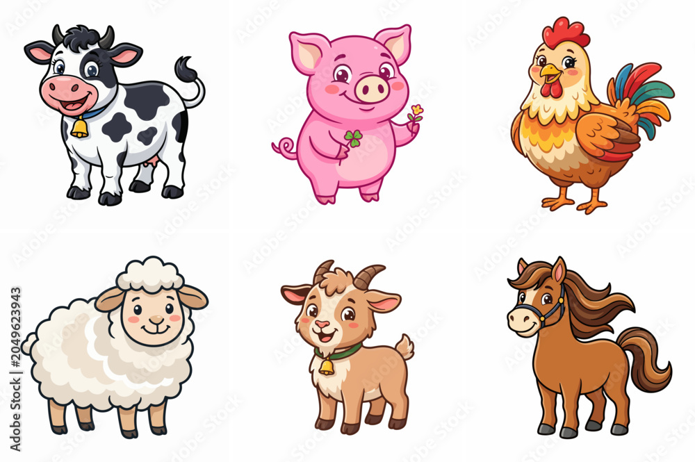 Fototapeta premium Farm Animal Cartoon Character Set Ai Generated