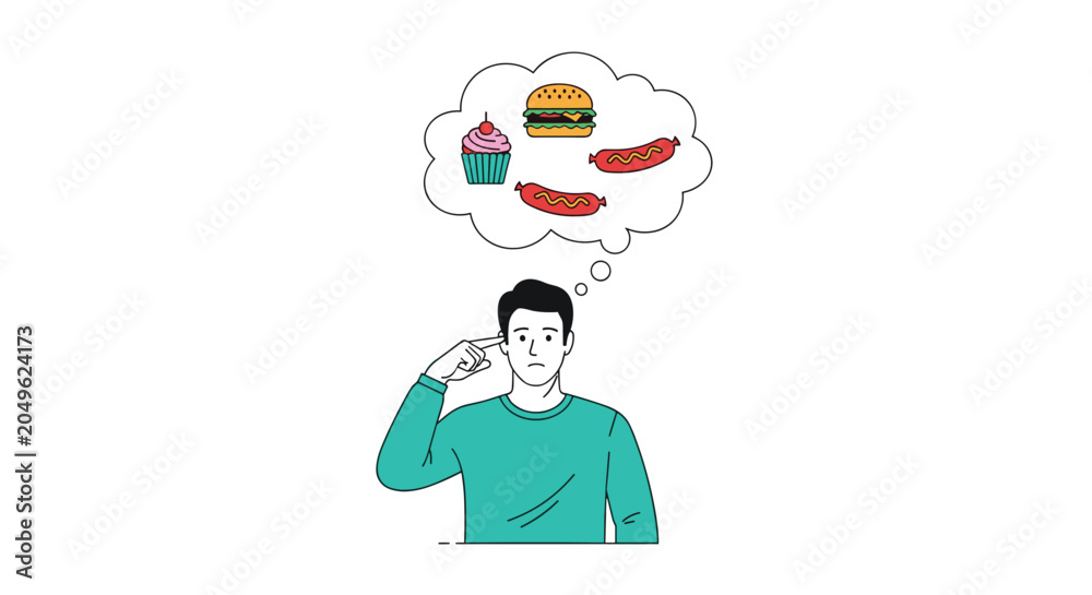 Fototapeta premium Man thinking about various junk food items like burgers, cupcakes, and hot dogs in a thought bubble to represent food cravings.