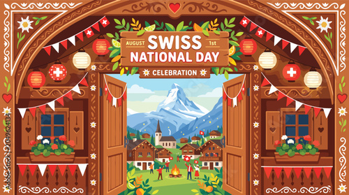 Schilderij op canvas Swiss National Day Celebration Archway Scene.