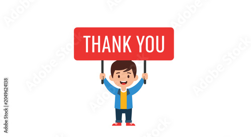 Happy young boy holding up a large red 'Thank You' sign with a big smile to express gratitude and appreciation in a friendly way.