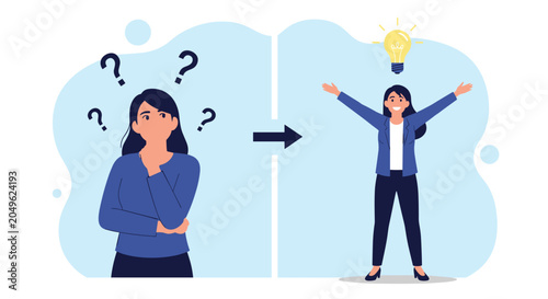 Woman's transition from being confused with question marks to having a bright idea with a light bulb above her head and open arms.