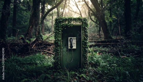 An overgrown vintage telephone booth stands silently in a dense, verdant forest, engulfed by nature's embrace.