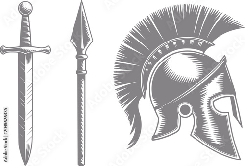 Fotografie Ancient spartan warrior helmet, sword, and spear emblem