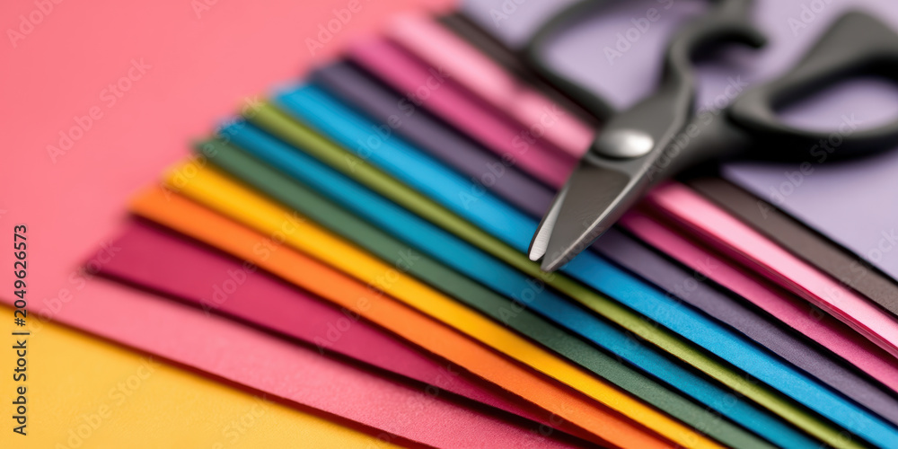 Fototapeta premium pair of black scissors rests on neatly stacked colorful sheets of paper arranged on a pink background.