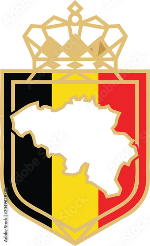 Belgium map emblem with gold crown, tricolor shield msea set