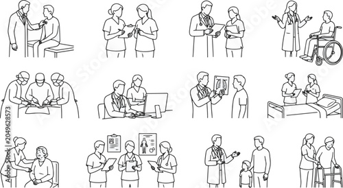 Large set of doctors, nurses, and patients in various hospital scenes. Healthcare professionals in different positions, contours. Medical line art illustration.