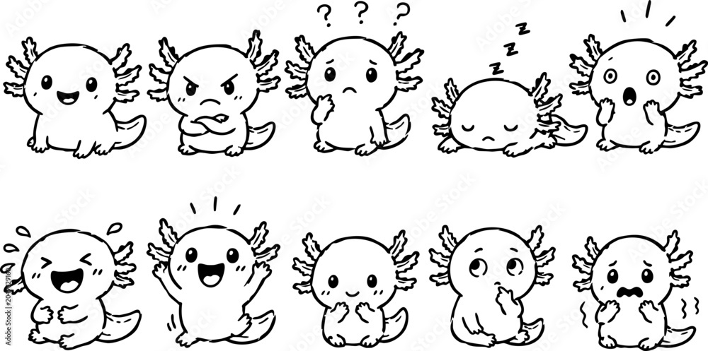 Fototapeta premium Axolotl Doodle Set Hand Drawn Cute Cartoon Salamander Characters Collection Isolated Vector Illustration