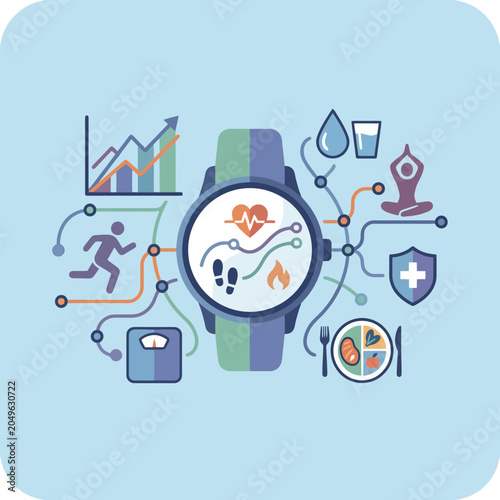 A digital watch displays health data with various fitness icons