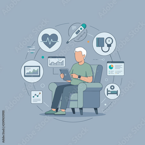 An elderly person monitors health data using a digital tablet device