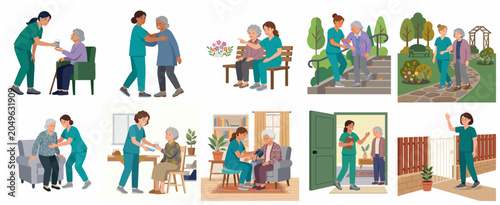 Elderly Home Care Service Illustration Set with Nurse Assisting Senior Woman in Daily Activities