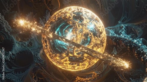 Abstract golden sphere with intricate details and a spiral structure design