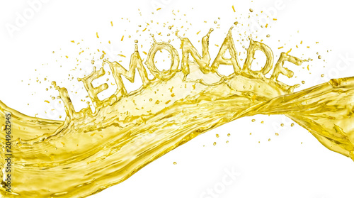 Lemonade is made from fresh yellow lemonade liquid splashing in the air with bold letters showing the word lemonade