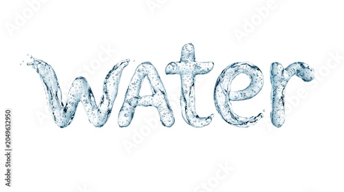 Fresh transparent liquid water forms the letters spelling water in a clear design for educational or artistic use