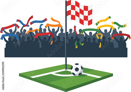 Soccer corner flag, ball, and cheering crowd on green turf msea set
