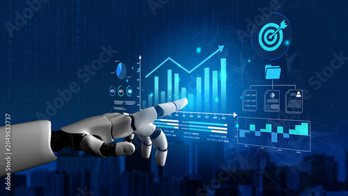Photos Futuristic Robot Hand Interacting with Digital Graphs and Analytics on a Blue Background in a Modern Data Environment Haptic