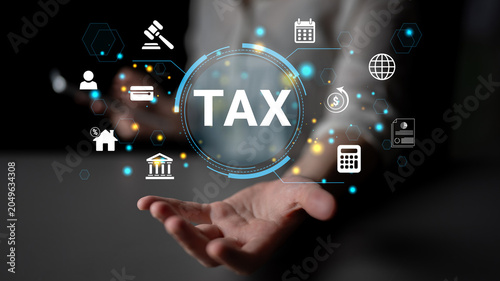 Fotografie Visual Representation of Tax Concept with Digital Icons and Hands Symbolizing Financial Management and Planning Activities Haptic
