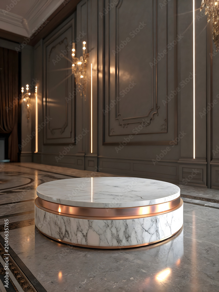 Fototapeta premium A luxurious round marble podium with copper accents in an opulent room with elegant lighting and decorations