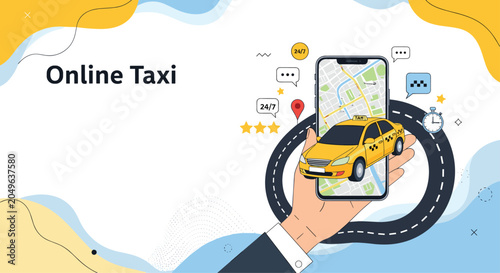 Online taxi booking service showing a hand holding a smartphone with a taxi car appearing from the screen over a city map.