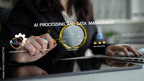 Foto AI Processing and Data Management for Language Translation and Text Analysis in Digital Environments Haptic